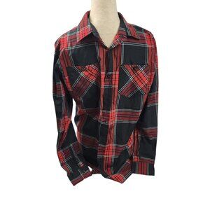 Akademiks Mens Medium Red & Black Plaid Long Sleeve Button-Up Shirt
